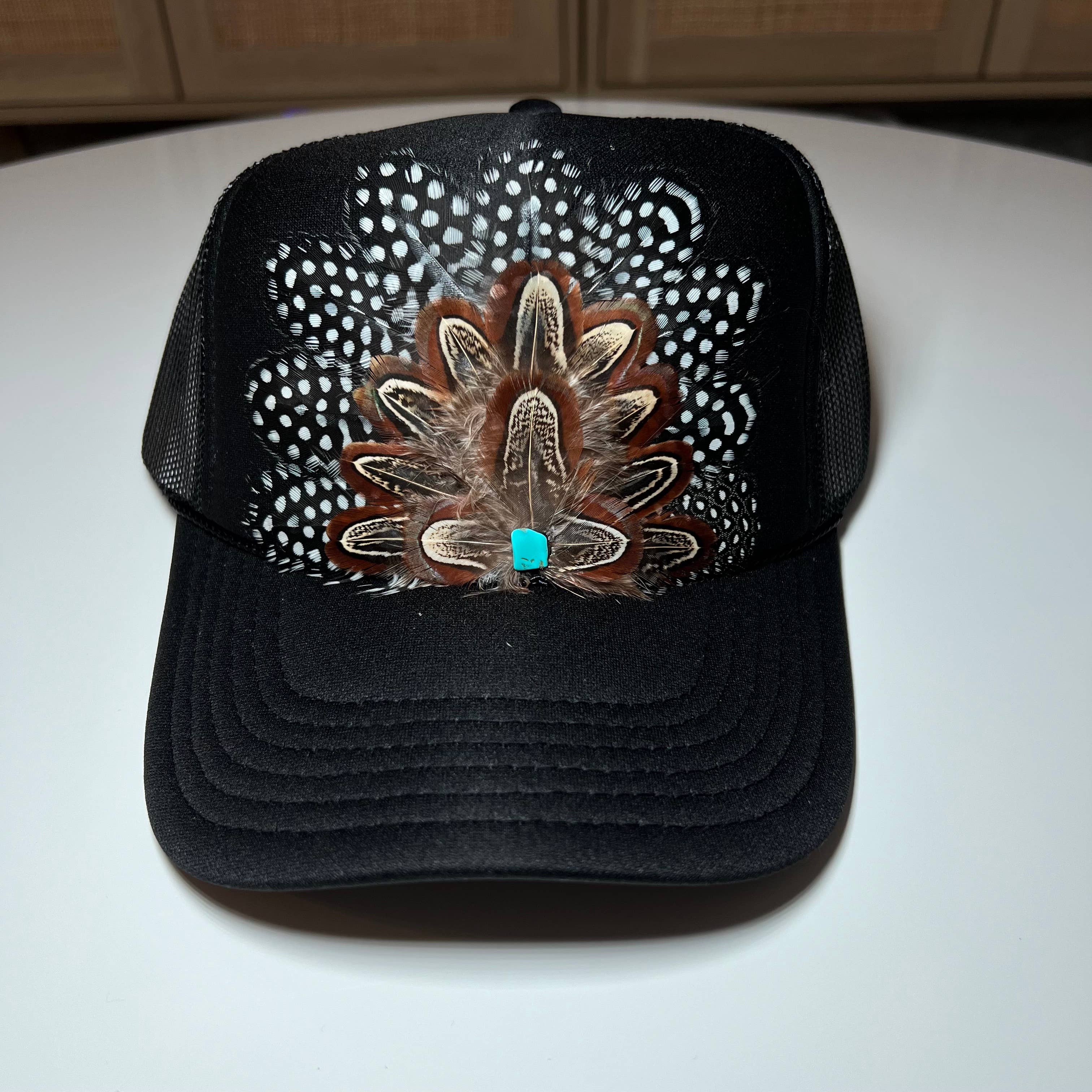 FEATHER Trucker Hat Turquoise Stone Spotted Black & White
