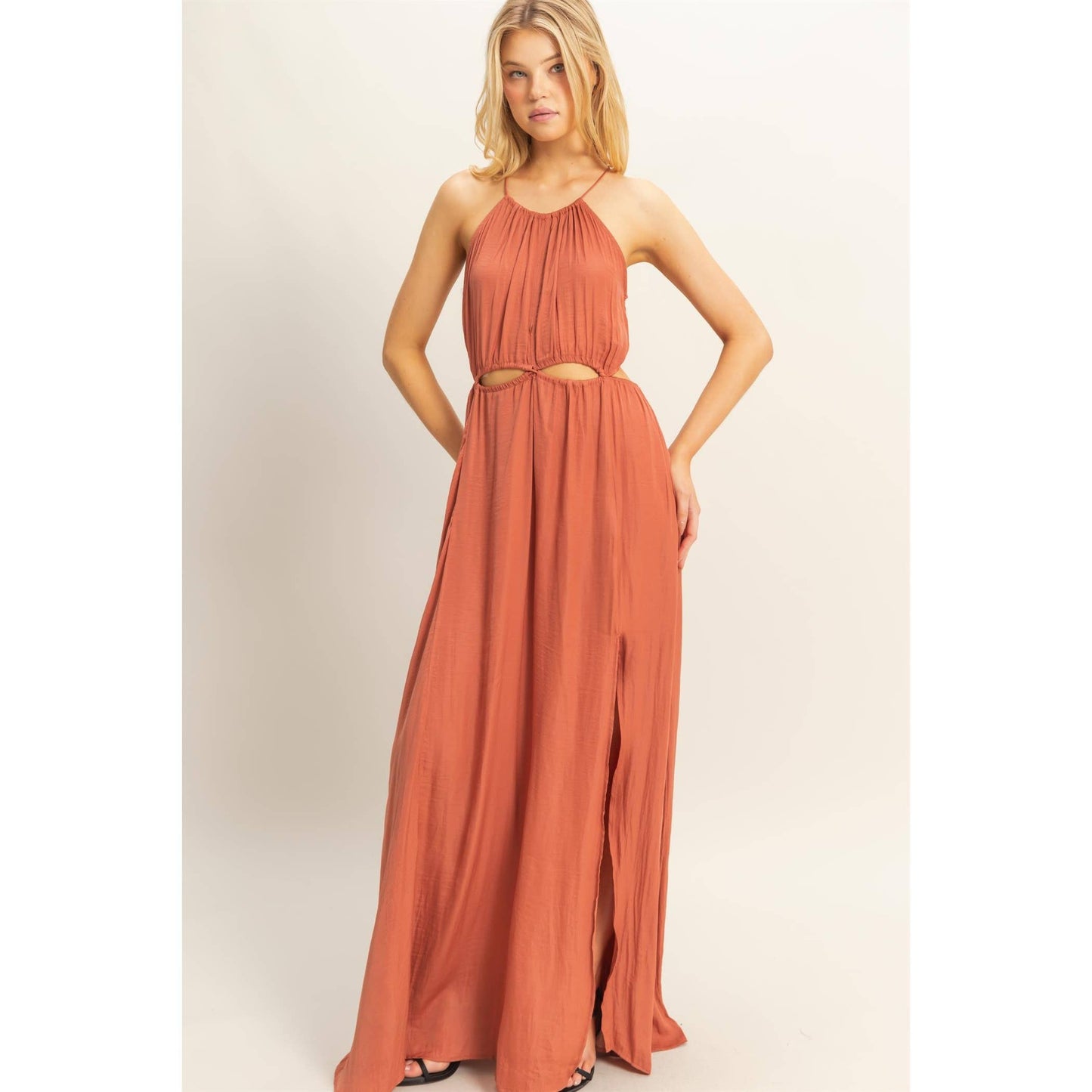 cutout maxi dress, summer boho maxi, black and brick maxi dress, sleeveless maxi with slit, garden party dress, boho formal maxi, summer event outfit, sexy boho dress, Roaming Gypsy Boutique dress