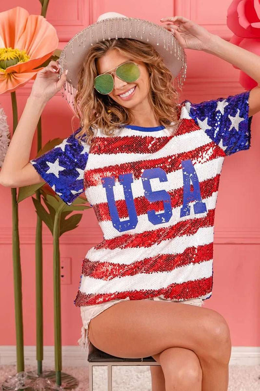 BiBi American Flag Theme USA Lettering Sequin Top - Roaming Gypsy Boutique