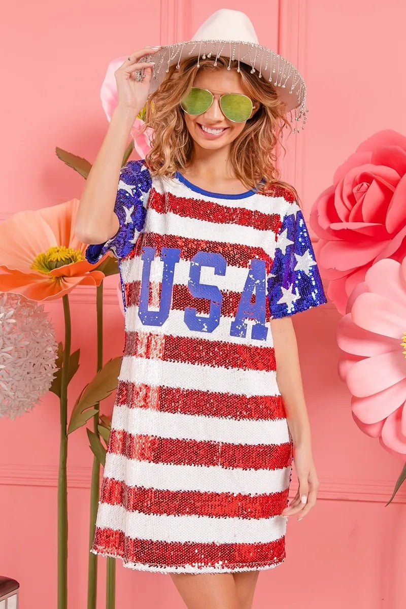 BiBi American Flag Theme Usa Print Sequin Dress - Roaming Gypsy Boutique