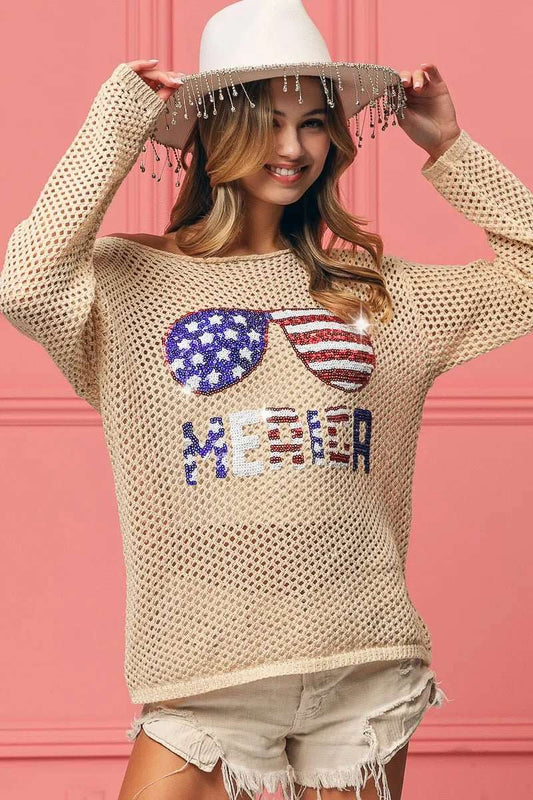 BiBi Sequin American Flag Sunglasses Knit - Roaming Gypsy Boutique