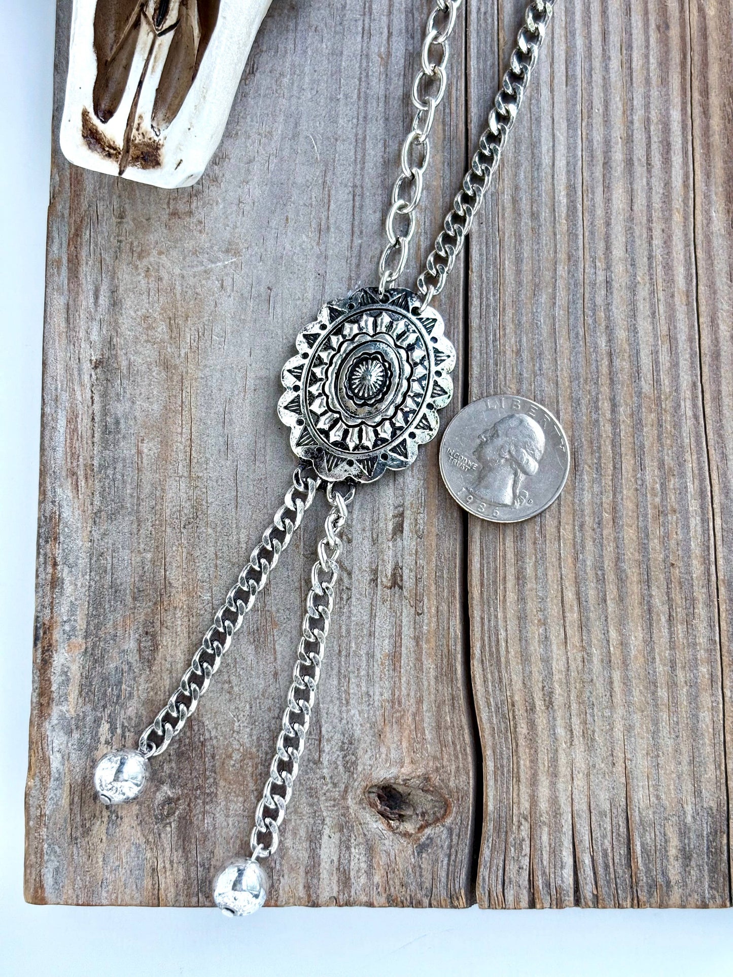 Western Concho Pendant Y Drop Chunky Chain Bolo Necklace
