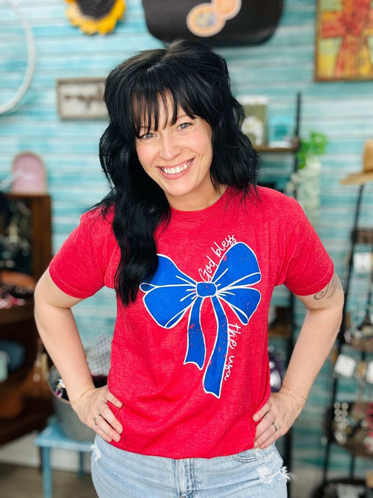 God Bless the USA Bow Tee - Roaming Gypsy Boutique