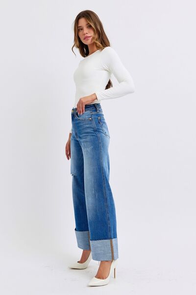 Judy Blue Full Size Distressed High Waist Wide Leg Jeans - Roaming Gypsy Boutique