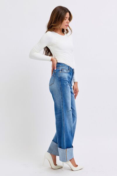 Judy Blue Full Size Distressed High Waist Wide Leg Jeans - Roaming Gypsy Boutique