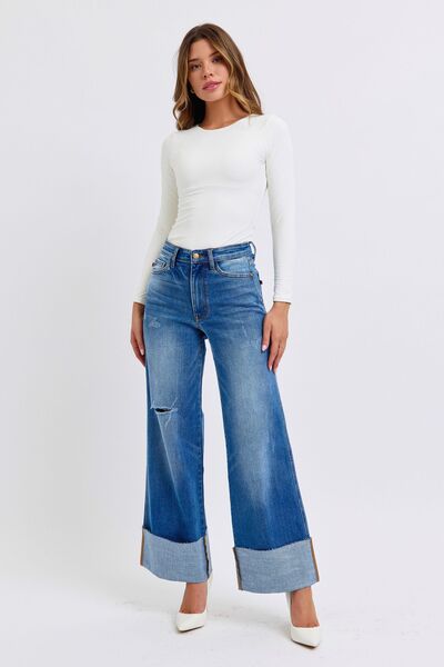 Judy Blue Full Size Distressed High Waist Wide Leg Jeans - Roaming Gypsy Boutique