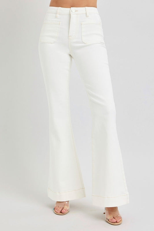 RISEN Full Size High Rise Front Patch Pocket Flare Jeans - Roaming Gypsy Boutique