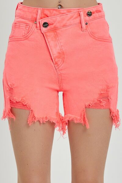 RISEN Raw Hem Asymmetrical Waist Denim Shorts - Roaming Gypsy Boutique