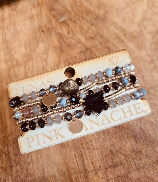 Tones of brown, pearl and gold tone bracelet stack, Austrian crystal - Roaming Gypsy Boutique