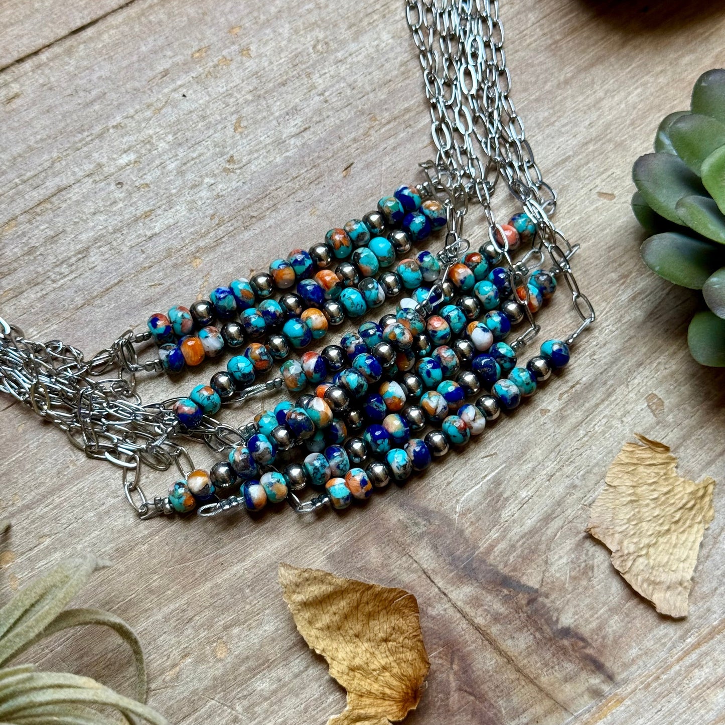 Sterling Silver Pearl & Lapis Turquoise Mix Paperclip Chain Necklace