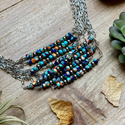 Sterling Silver Pearl & Lapis Turquoise Mix Paperclip Chain Necklace