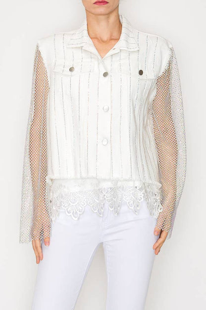 Rhinestone Gypsy Groove Jacket - White | Metallic Mesh Sleeve Jacket