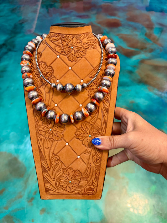 Jaci Orange Spiny Oyster, Turquoise Inlay & Sterling Silver Pearl Necklace — Pick Your Favorite