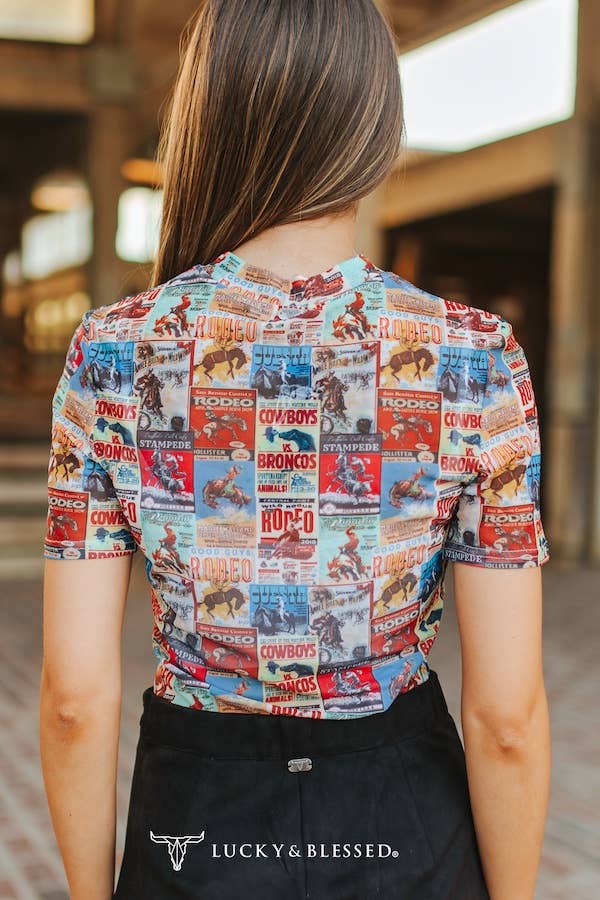 Curvy Rodeo Collage Short Sleeve Mesh Top