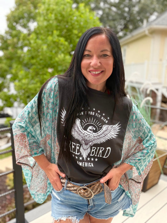 Free Bird America Graphic Sheer Boho Kaftan Top