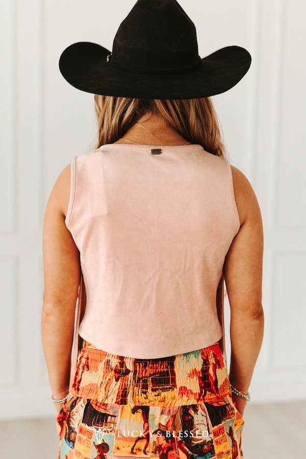 Soft Pink Stretch Suede Fringe Tier Sleeveless Top