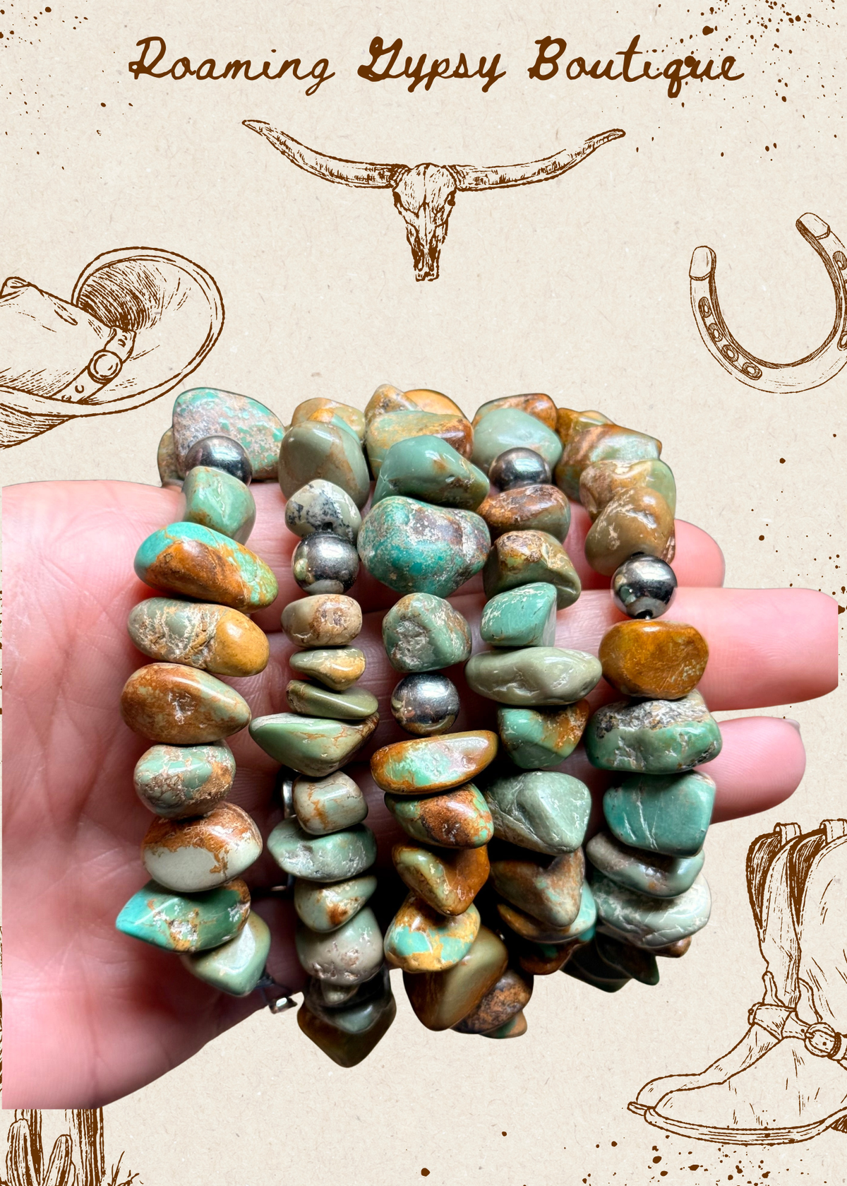Green Turquoise Nugget Bracelet with Sterling Silver Pearls – 7” + Extender