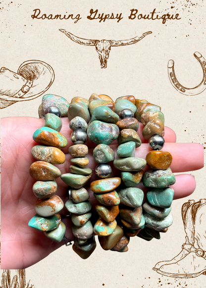 Green Turquoise Nugget Bracelet with Sterling Silver Pearls – 7” + Extender