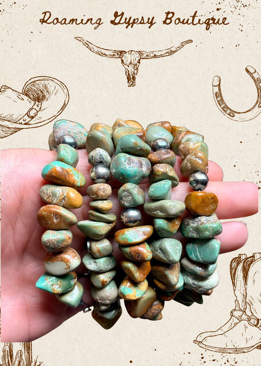 Green Turquoise Nugget Bracelet with Sterling Silver Pearls – 7” + Extender