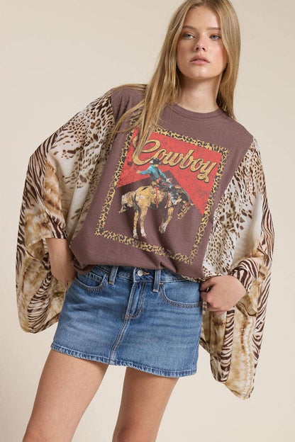 Western Vintage Cowboy Leopard Graphic Kantha Top