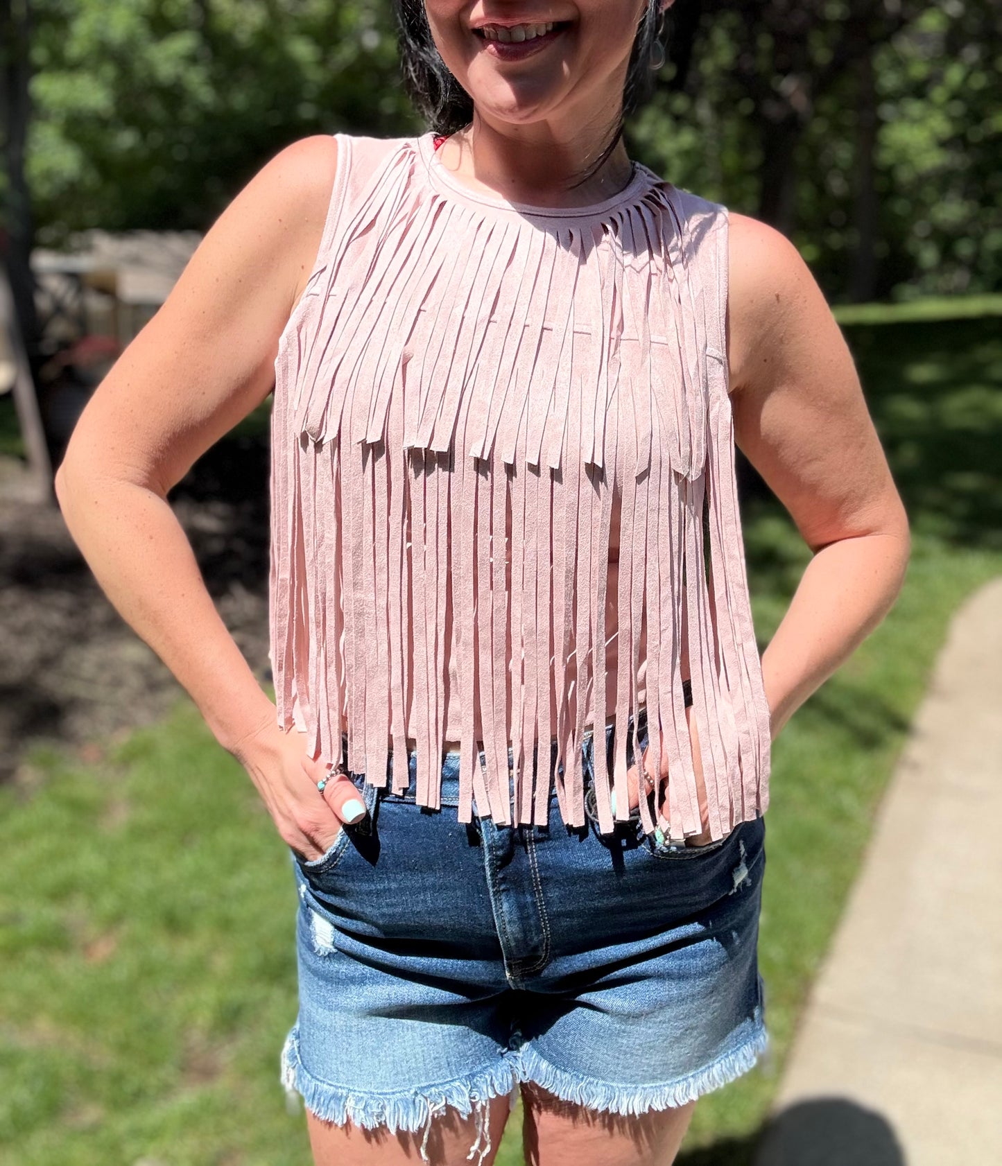 Soft Pink Stretch Suede Fringe Tier Sleeveless Top