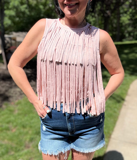 Soft Pink Stretch Suede Fringe Tier Sleeveless Top