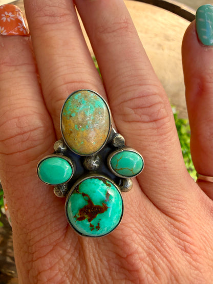 Multi Kingman Turquoise Circle Stone Adjustable Ring