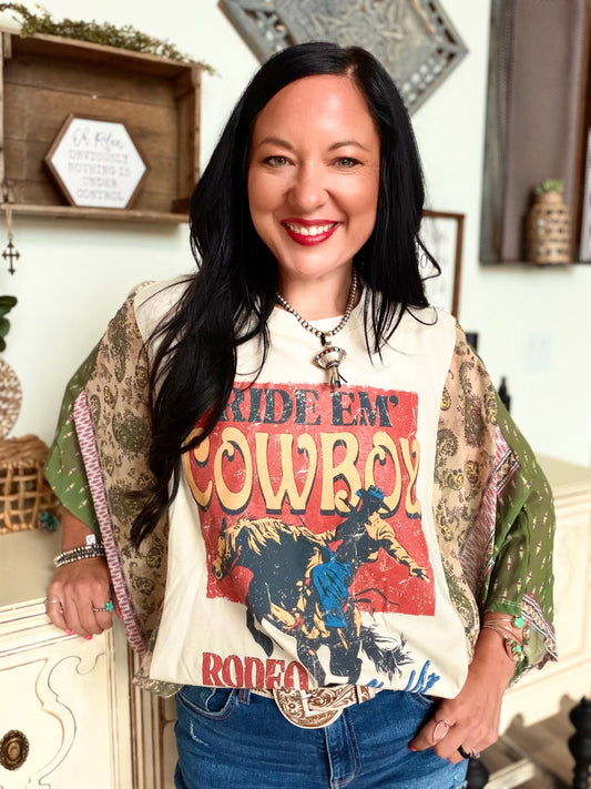 Ride Em' Cowboys Western Kantha in Green Top
