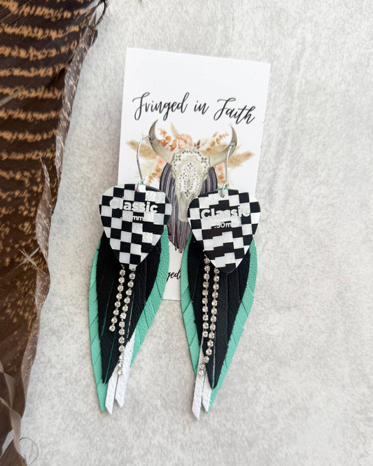 mint leather guitar pick earrings