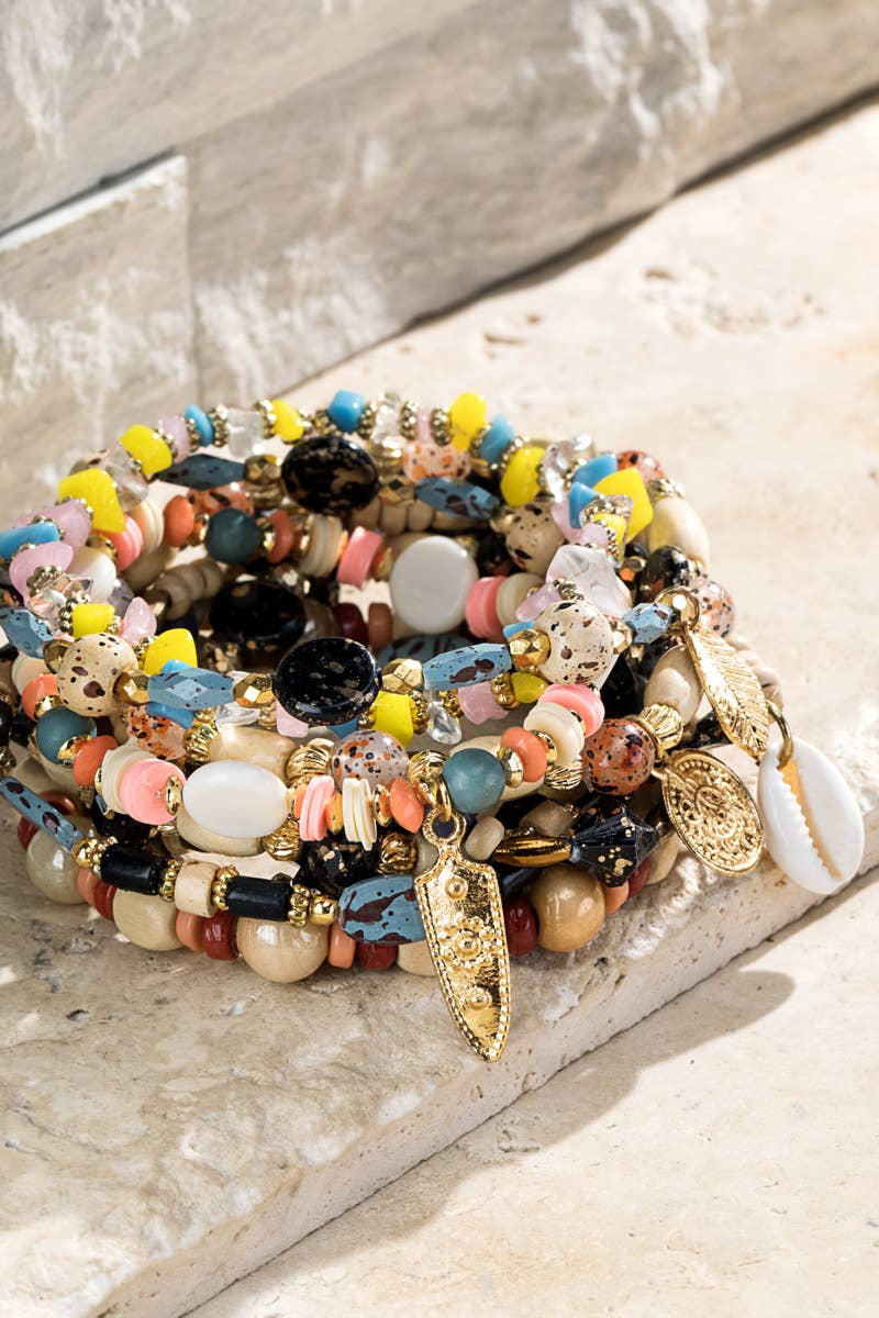 10 Layered Wood and Glass Bracelet - Roaming Gypsy Boutique