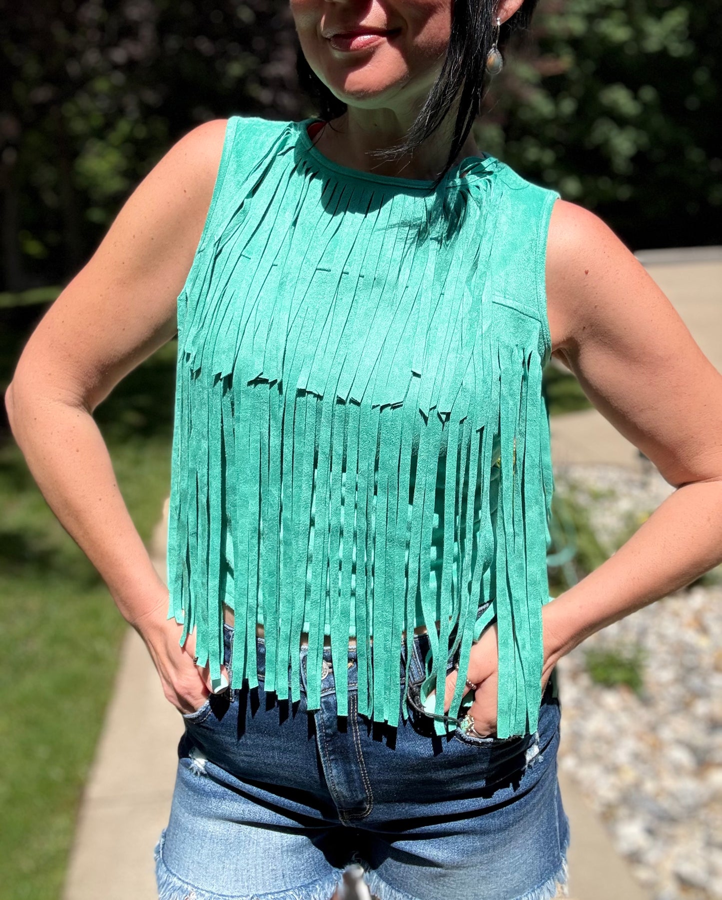 Jade Stretch Suede Fringe Tier Sleeveless Top