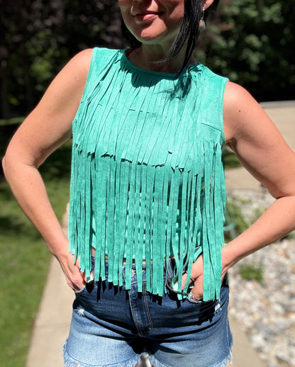 Jade Stretch Suede Fringe Tier Sleeveless Top