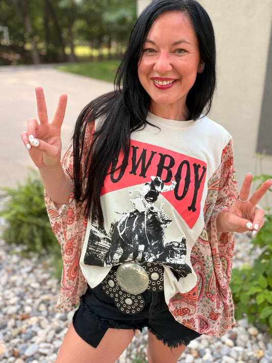 Cowboy Graphic Rustic Sheer Sleeves Kaftan Top