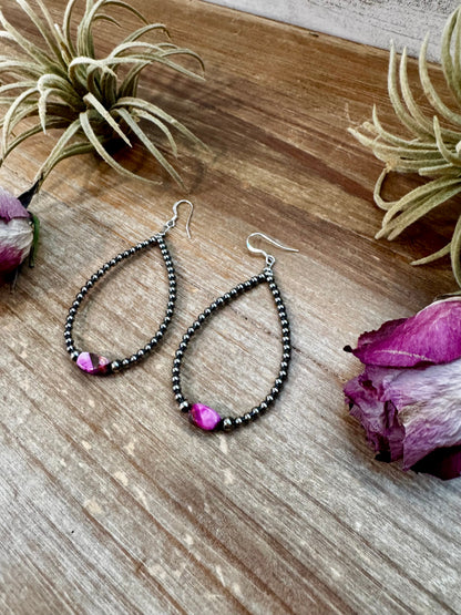Dyed Pink Turquoise & Sterling Silver Pearl Teardrop Earrings – 3"