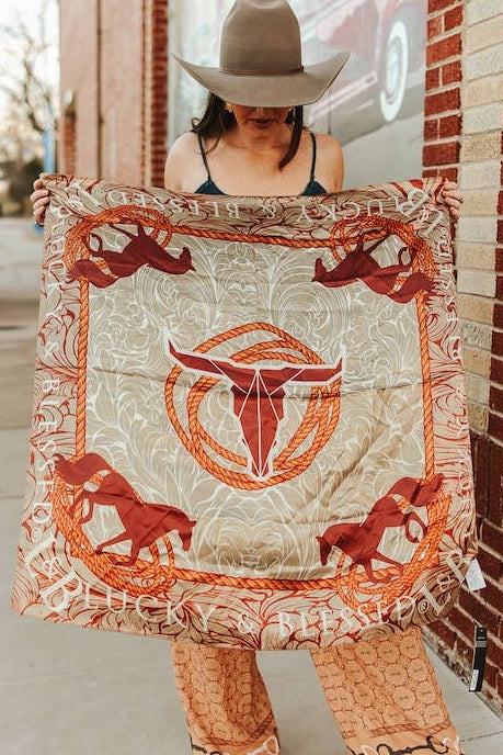 Tooled Beige Cow Skull Printed Wild Rag