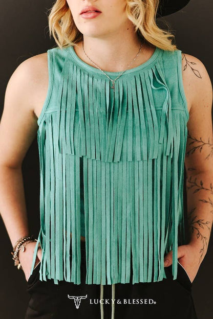 Jade Stretch Suede Fringe Tier Sleeveless Top