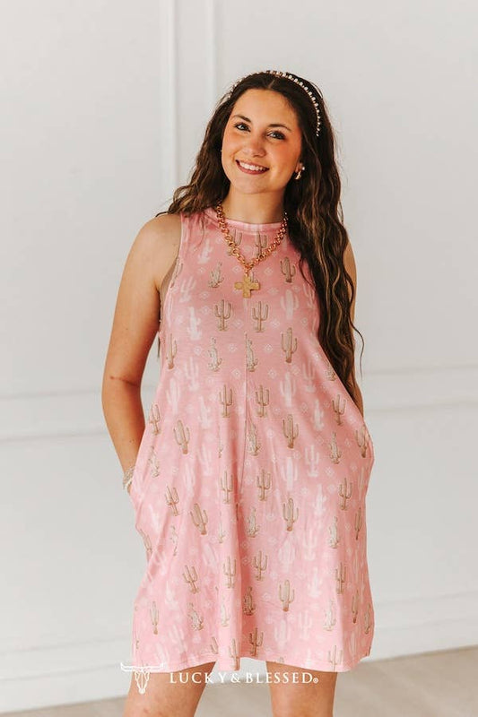 Pink Cactus Printed Sleeveless Side Pocket Dress