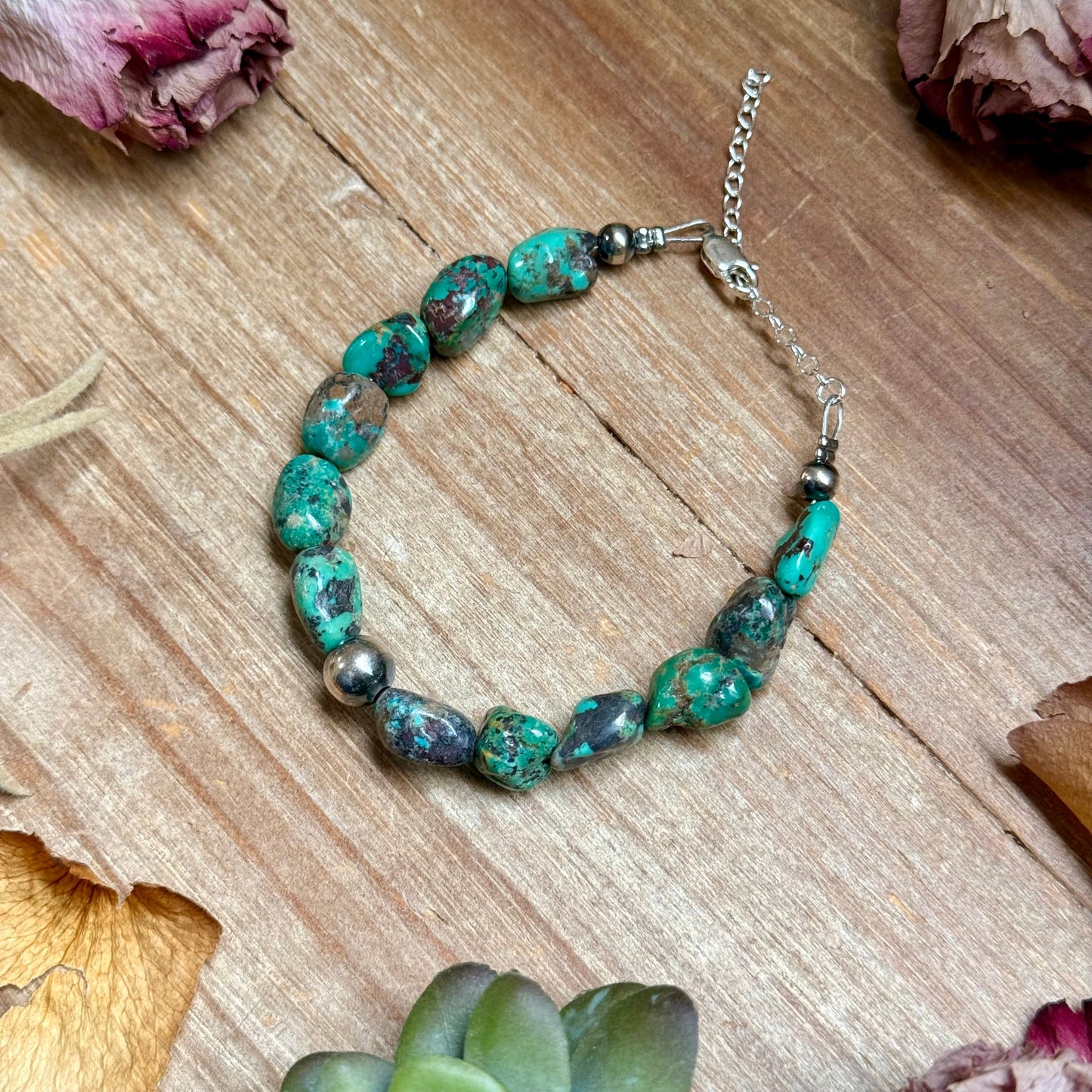 Turquoise Nugget Bracelet with Sterling Silver Pearls – 7” + Extender
