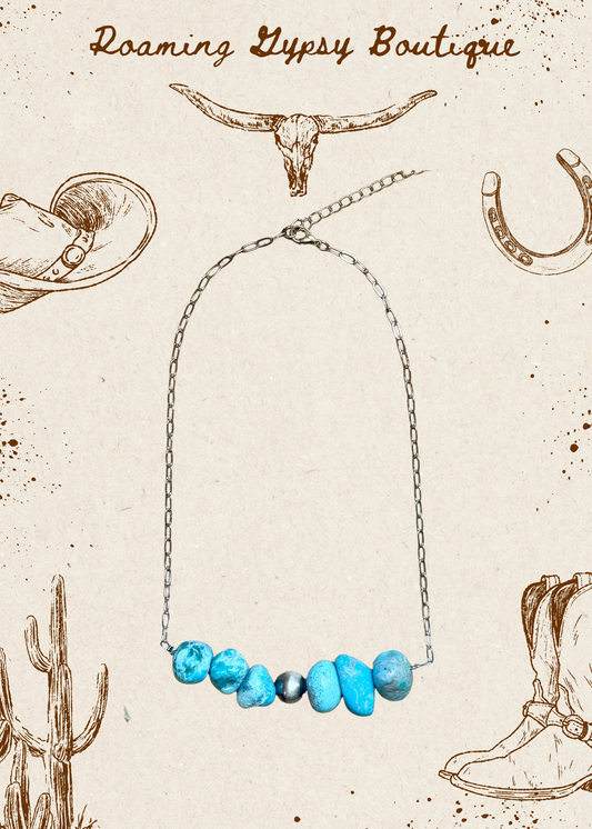 Chunky Turquoise & Sterling Silver Pearl Paperclip Necklace
