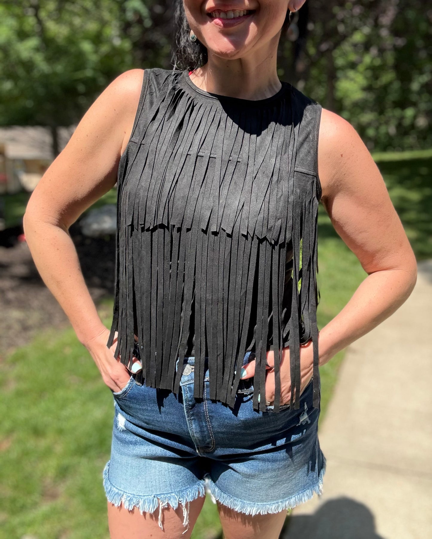 Black Stretch Suede Fringe Tier Sleeveless Top