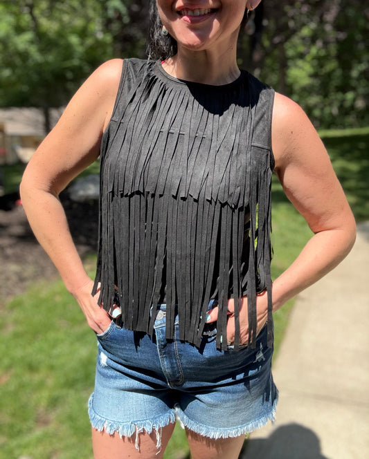 Black Stretch Suede Fringe Tier Sleeveless Top
