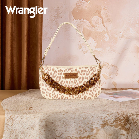 Wrangler Western Leopard Print Shoulder Bag with Chain Detail -Tan