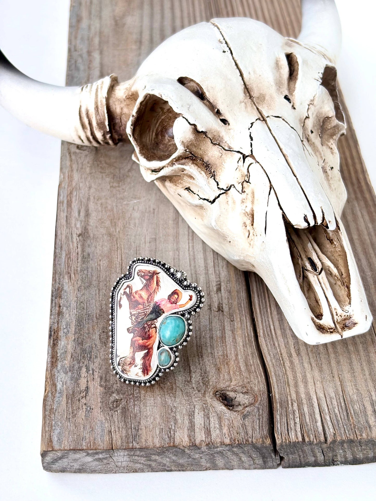 Rodeo Printed Turquoise Stone Statement Stretch Ring