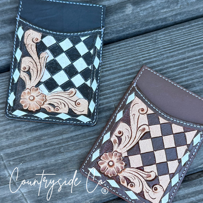 Checkered Leather Credit Card Holder
