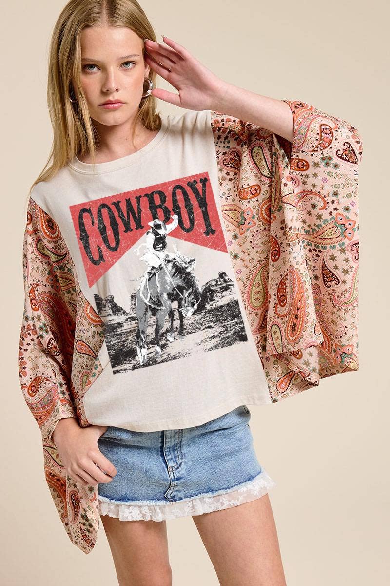 Cowboy Graphic Rustic Sheer Sleeves Kaftan Top