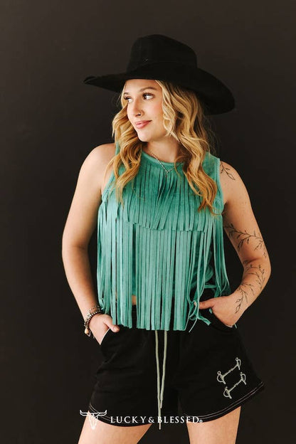 Jade Stretch Suede Fringe Tier Sleeveless Top
