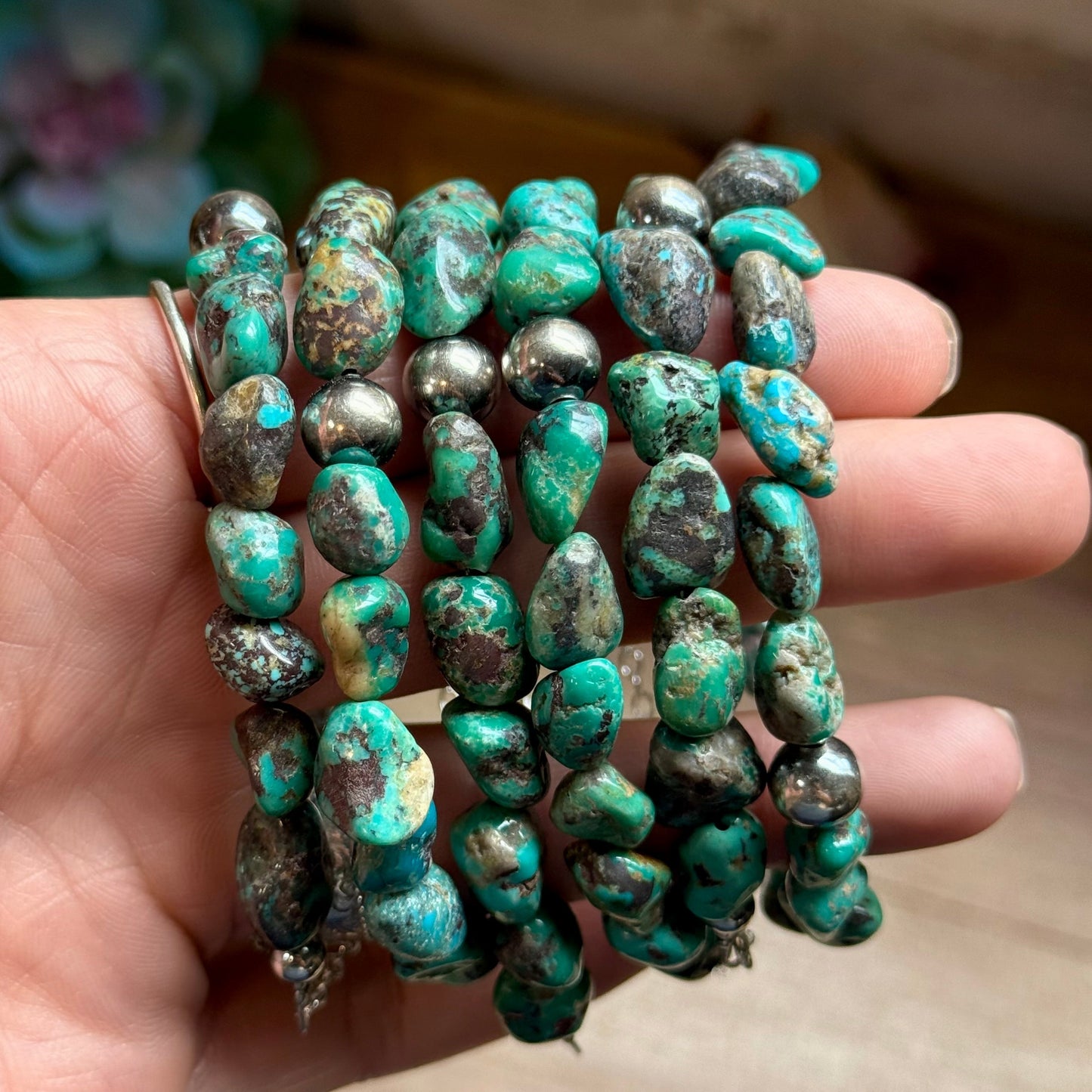 Turquoise Nugget Bracelet with Sterling Silver Pearls – 7” + Extender