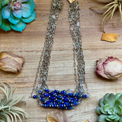 Faceted Lapis & Sterling Silver Pearl Paperclip Necklace