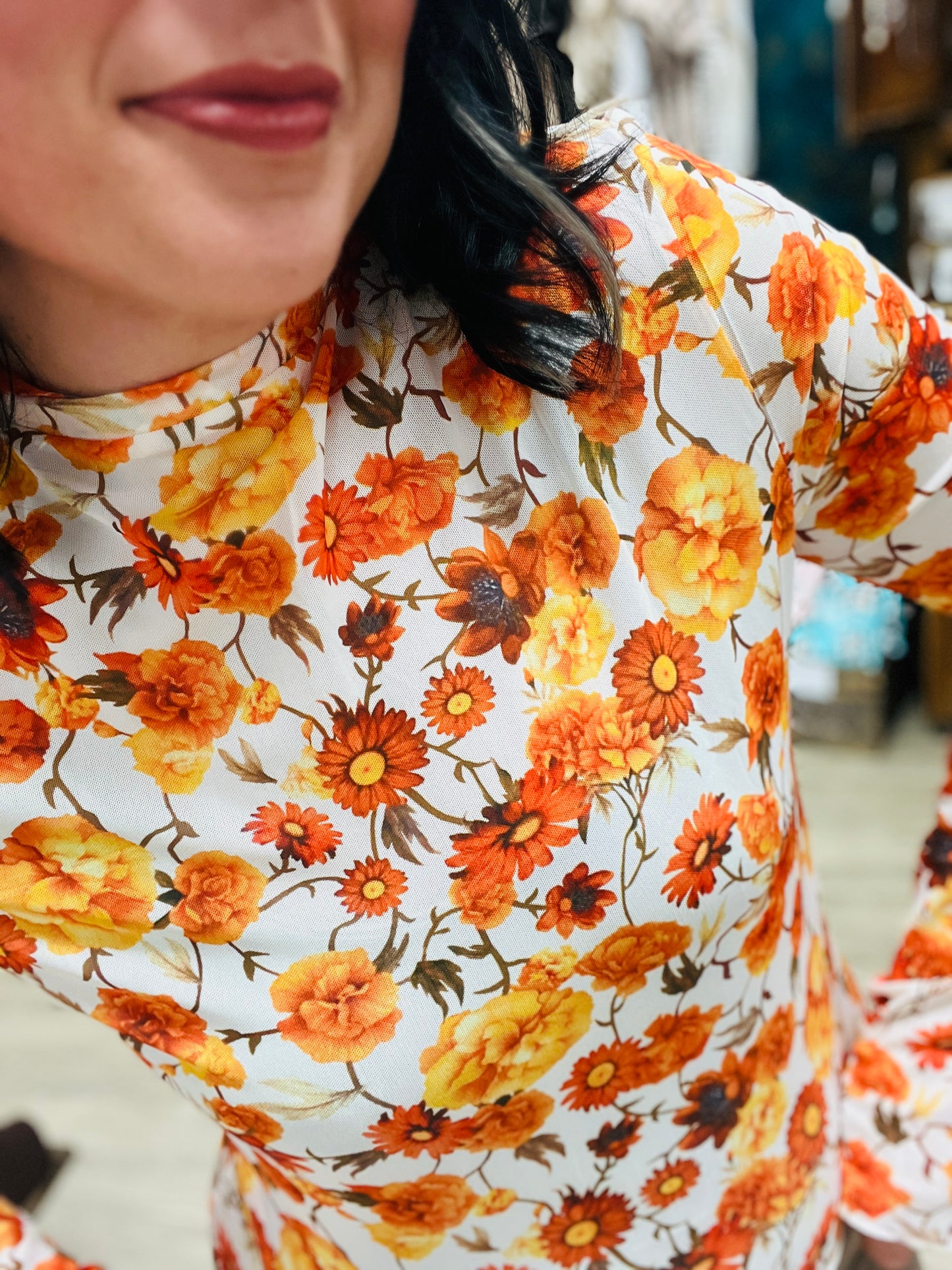 Fall Floral Bell Sleeve Scallop Blouse