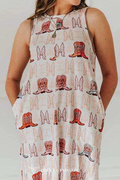 Western Boots Printed Sleeveless Side Pocket Dress